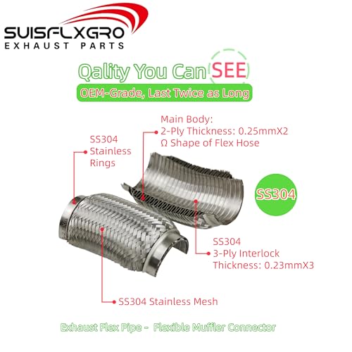Exhaust Flex Pipe (Interlock Lining OEM-Grade) 100% Stainless Steel SS304 For Heavy Duty and Cars (1 PC, 2.5X6) - size: 2.5X6