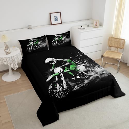 Feelyou Dirt Bike Comforter Set King Size Racing Themed Bedding Set - color: Black Green, size: King