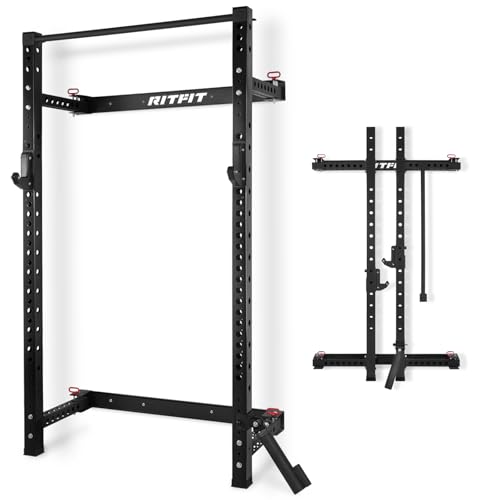 RitFit 2.36'' x 2.36'' Folding Squat Rack for Home Gym, Wall Mounted Squat Rack with Attachments - Space Saving Squat Power Rack - color: Black, style: Folding Squat Rack