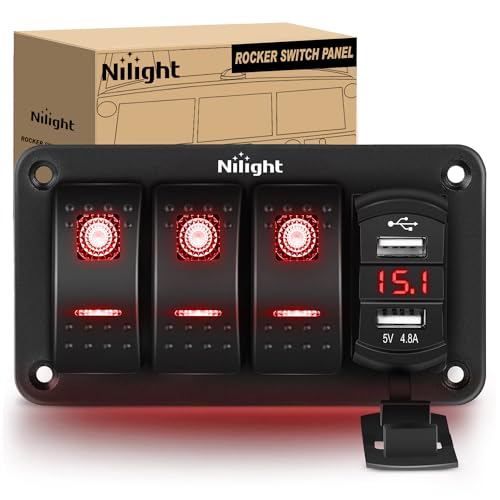 Nilight 3 Gang Rocker Switch Panel Green Backlit with 4.8 Amp Dual USB Charger Voltmeter Waterproof 12V 24V DC Night Glow Stickers for Cars Trucks Boats RVs - color: Red, size: 4 Gang Dual USB