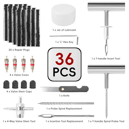 PINKJOY 36 Pcs Tire Plug Kit, Heavy Duty Tire Repair Kit for Car, Motorcycle, ATV, Jeep, Truck, Tractor Flat Tire Puncture Repair Tools - size: 36 PCS