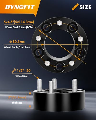 Dynofit 2 inch 5x4.5 Wheel Spacers for XJ KJ KK TJ ZJ, 80.5mm Hub Bore, 1/2"-20 Thread Pitch 5x114.3 Forged Spacer for Mustang Explorer Ranger Cherokee Wrangler Liberty Grand Cherokee