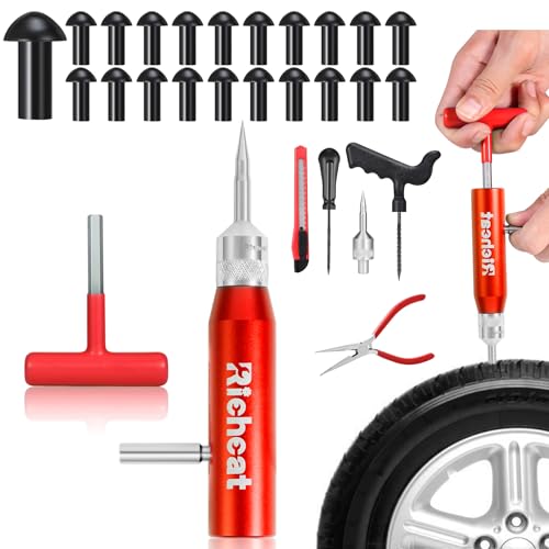 Richcat Tubeless Tire Puncture Repair Kit with Mushroom Plug, Repairs punctures and Flat Tires for Motorcycles, Cars, Trucks, ATVs and Tractors - size: 20Plugs Kit