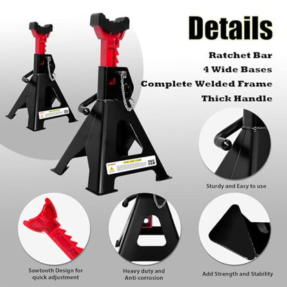 YATOINTO Jack Stands 3 Ton (6,600 LBs) with Double Pin Locking, Car Jack Stand 11.22"-16.54" Adjustable with Rubber Pads, Jack Stands for Trucks,Home,Garage, SUV, Pickup,Car,UTV/ATV,1 Pair - color: Black+Red, size: 3 Ton Double Pin Locking with Rubber Pad