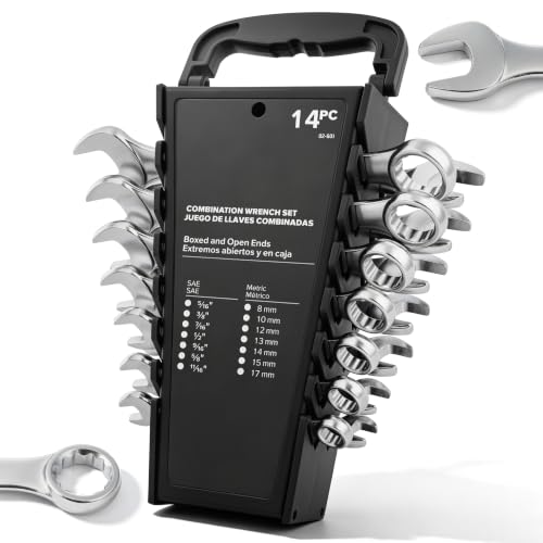 Tempest 14 Piece Combination Wrench Set, Metric & SAE (8-17mm, 5/16-11/16 inch) with Compact Organizer Rack, Drop Forged Steel Mechanics Hand Tools Kit for Automotive Repair, Home DIY, Workshops