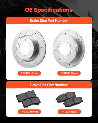 VEVOR Front & Rear Ceramic Brake Kit Compatible with 2016-2021 Lexus LX570, 2016-2021 Toyota Land Cruiser, Drilled and Slotted Brake Rotors Ceramic Brake Pads Replacement Kit, 14 inch Front Rotors - size: S-31482 + S-31483