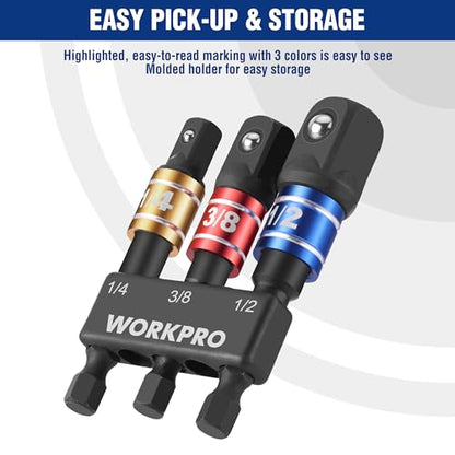 WORKPRO Impact Grade Socket Adapter Set, 1/4", 3/8", & 1/2" Drive, Extension Driver Bit With Holder, for Power Drill to High Torque Impact Wrench, 6PCS