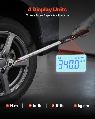 VEVOR Torque Wrench Set 1/2" Drive Digital Torque Wrench 4 Display Units, ±2% Accuracy, LCD Screen, with Buzzer and LED Indicator, with Sockets, Extension Bar, Adapter, for Automotive Repair - size: 1/2"