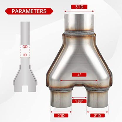 T409 Stainless Steel Y Pipe 3'' Inch ID Single to 2'' Inch ID Dual Stamped Exhaust Adapter Connector, Overall Length: Approx. 10", Universal - size: 3" Single to 2" Dual