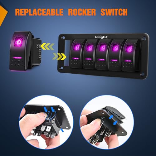 Nilight 6 Gang Rocker Switch Panel w/Purple LED Light 5Pin On Off Pre-Wired - color: Purple, size: 6 Gang