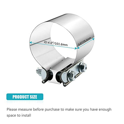 4.0 Inch Exhaust Clamp 4" Butt Joint Band Clamp Sleeve Coupler Stainless Steel 3 Inch for Exhaust Pipes, Mufflers and Catalytic Converters (2 PCS) - size: 4.0"
