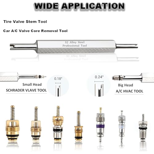 Tire Valve Stem Removal Tool Kit, R134A R12 A/C Schrader Valve Stem Core Remover Tool for Car Bicycle Tyre RV Truck, 4 Schrader/Presta Valve Caps, 6Pcs Valve Core, 3 Automotive Tools Wrench