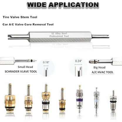 Tire Valve Stem Removal Tool Kit, R134A R12 A/C Schrader Valve Stem Core Remover Tool for Car Bicycle Tyre RV Truck, 4 Schrader/Presta Valve Caps, 6Pcs Valve Core, 3 Automotive Tools Wrench