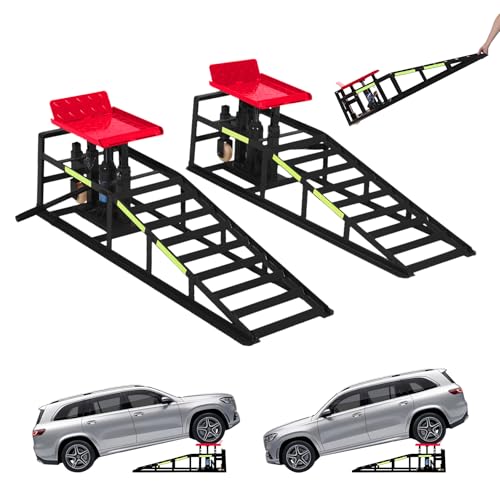2PCS 5T Hydraulic Car Ramps, 11060 Lbs Heavy Duty Portable Vehicle Lift Ramps, Auto Hydraulic Service Ramps for Oil Change Vehicle Maintenance, Ideal for Home Garage Repair & Mens Gift - color: Red With Rolling Wheels