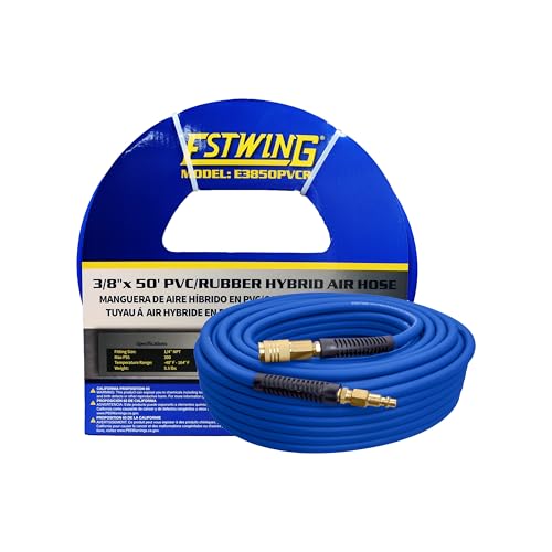 Estwing E3850PVCR 3/8" x 50' PVC/Rubber Hybrid Air Hose with 1/4" Brass Fittings , Blue - size: 3/8” x 50’