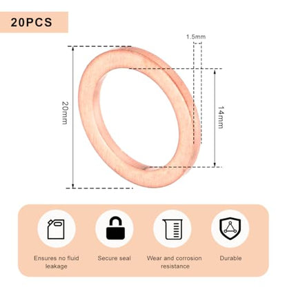 20 PCS Oil Drain Plug Gasket, 14mm Copper Crush Washer Coolant Seal Ring Replacement, Automotive Sealing Gaskets Compatible with OEM PN Part 007603-014106, Car Accessories - color: 20PCS