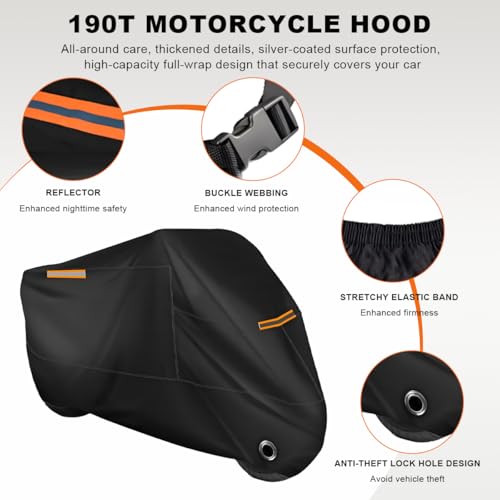 KVAEY Motorcycle Cover, 190T All-Season Waterproof Sun Protect Motorcycle Cover with Lock Hole, All-Around Outdoor Protection Cover for Motorcycle Scooter, Motorcycle Accessories