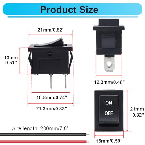TWTADE 5PCS Latching Rocker Switch ON/Off 2 Pin 2 Position SPST Car Auto Boat Square Rocker Toggle Switch with Pre-Wired AC 10A/125V 6A/250V - color: Black-ON/Off Pre-wired - 5PCS, size: Narrow Rectangle