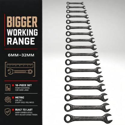 ABN Combination Wrench Set – 16 Pc Raised Panel Metric Wrench Set with Wrench Roll Up Pouch, Black Spanner Wrench Set - size: Metric