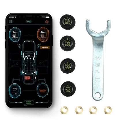 Tire Pressure Monitoring System with 4 External Sensors TPMS Real-time Display with Alarm Modes Bluetooth 5.0 Support iOS and Android, 4 Extra Coin battary Gift