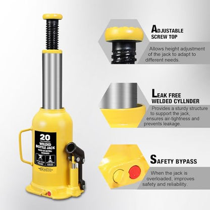 YELLOW JACKET 20 Ton Bottle Jack All Welded Hydraulic Jack with 2-Section Long Handle, for Car, Pickup Truck, Truck, RV, Auto Repair, Industrial Engineering - size: 20 ton standard