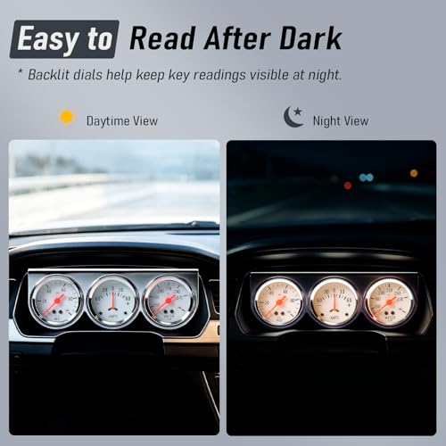 2" 52mm Triple Gauge Set, 3-in-1 Gauge Kit with Oil Pressure, Water Temperature & AMP Gauges, Backlit Dial, Universal for Most 12V Vehicles - style: Oil Press.+Ammeter+Water Temp.