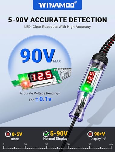 WINAMOO Test Light Automotive 5-90V Digital LED Circuit Tester with Voltage Display, Auto Bidirectional Voltage Tester, Electric Test Pen with Extended Spring Wire & Probe for Car RV Fuse Checker