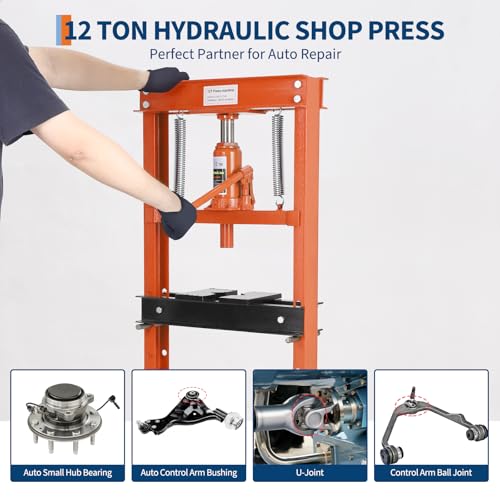 Heavy Duty 12 Ton Hydraulic H-Frame Shop Press, Adjustable Height - color: Orange|With Dust Cover|12T