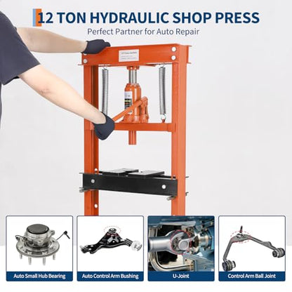 Heavy Duty 12 Ton Hydraulic H-Frame Shop Press, Adjustable Height - color: Orange|With Dust Cover|12T
