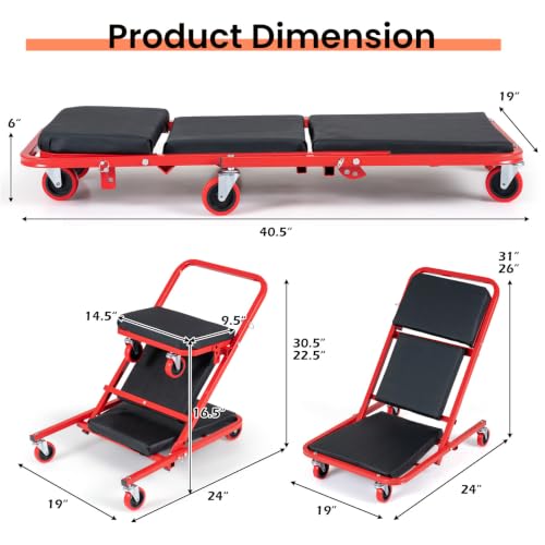 40.5" 4-in-1 Foldable Mechanic Creeper with Adjustable Headrest & 6 Wheels - color: Red, size: 40.5"