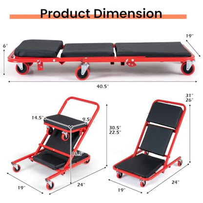 40.5" 4-in-1 Foldable Mechanic Creeper with Adjustable Headrest & 6 Wheels - color: Red, size: 40.5"