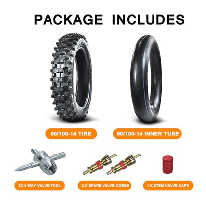HOLATO Rear 90/100-14 3.00-14 Tire and Inner Tube for 110cc 125cc KLX125 KLX140 KX85 TTR125 YZ80 YZ85 CT90 RM80 DRZ125 TaoTao DB17 Apollo RFZX18 Coolster Dirt Pit Bike Off Road Motocross Heavy Duty - size: 90/100-14 Tire