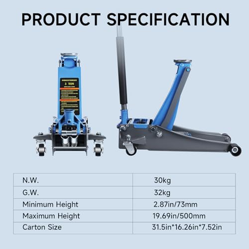 Larbanke 3 Ton Hydraulic 2.87"-19.69" Floor Jack,Dual Piston - size: 2.87-19.69in Lift Range