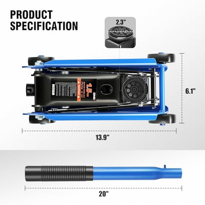 DNA Motoring Low Profile Hydraulic Trolley Service/Floor Jack, 1.5 Ton (3000 lbs) Capacity, Lifting Range 5.5"-15.35",Blue, TOOLS-00675-BL - color: Blue, style: 1.5 ton