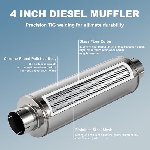 4 Inch Diesel Muffler Exhaust, 4" Inlet 4" Outlet Straight Through Resonator, 7" x 24" Body 30" OAL, Stainless Steel Muffler for Truck