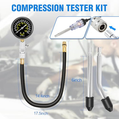 BETOOLL 15pcs Compression Tester with Spark Plug Tester & 14mm&16mm Magnetic Swivel Spark Plug Socket - 300PSI Engine Cylinder Compression Gauge Automotive Tool - size: Senior