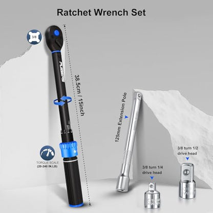 3/8'' Moto Torque Wrench Set 10-110 FT.LB/13.6-149.2 Nm, 72-Tooth Dual-Direction Adjustable Drive Click Torquimetro, Includes 5" Extension Bar & 1/2"/1/4" Adapters for Car/Moto Repair - size: 3/8" 10-110 FT.LB - 4 Pcs