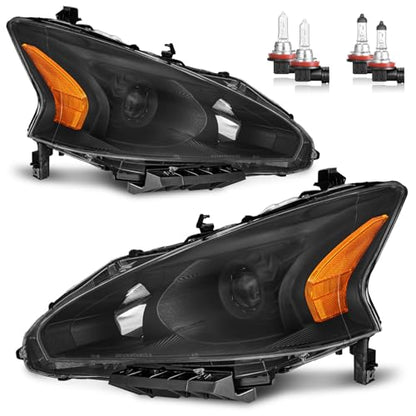 Headlights W/Bulbs for 2013-2015 Nissan Altima 4-Door Sedan - color: Black | With High & Low Beam Bulbs