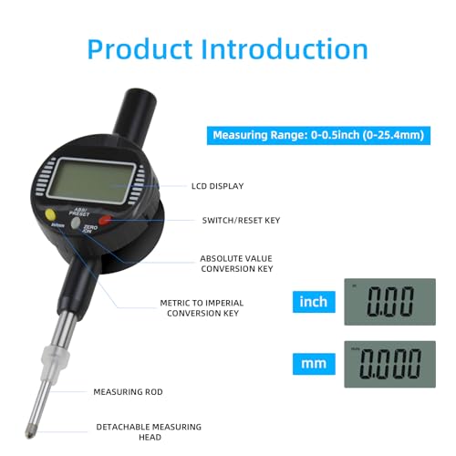 Digital Dial Gauge,with A Range of 25.4mm,Dlectrical Digital Indicator Accuracy of 0.01mm/0.0005 "Metric and Imperial Measure Tool Electronic Dial Gauge for 3D Printing,CNC Machine and Auto Repair - size: 1 in/0.01