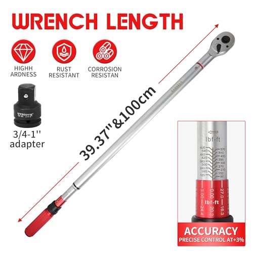 3/4 Inch Torque Wrench, 48 Tooth Torque Wrench 3/4 Drive 100-600FT.LB/135-815N.M with a Solid Storage Case - size: 3/4''-600FT.LB