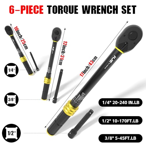 KJE 3PCS Torque Wrench Set, 1/4 & 3/8 & 1/2-Inch Drive 72-Tooth Adjustable Click Torque Wrenches, Maximum 170 ft.lb, Dual-Scales/Direction, ±3% Accuracy, For Bike, Motorcycle, Car, Lug nut, Automotive