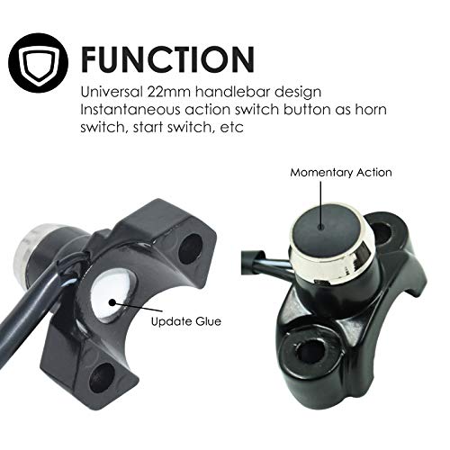 Aluminum 7/8" Motorcycle Handlebar Control Horn Start Switch Button Momentary Action with Two Bullet Connectors Black Button