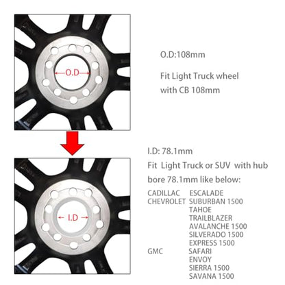 WHEEL CONNECT Hub Centric Rings,108 to 78.1, Set of 4, Aluminium Alloy Hubrings, O.D:108mm I.D 78.1mm. A - size: OD108mm-ID78.1mm