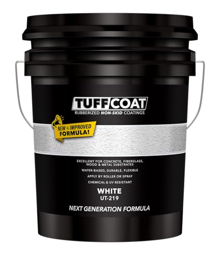 Tuff Coat Medium Texture Rubberized Non-Skid Deck Coating – Textured Non-Slip Safety Surface for Pool Decks, Docks, Boat Ramps, Patios, Walkways & High-Traffic Areas (UT-219 White 5-gallon) - color: White, size: 640 Fl Oz (Pack of 1)