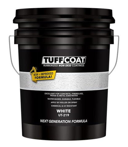 Tuff Coat Medium Texture Rubberized Non-Skid Deck Coating – Textured Non-Slip Safety Surface for Pool Decks, Docks, Boat Ramps, Patios, Walkways & High-Traffic Areas (UT-219 White 5-gallon) - color: White, size: 640 Fl Oz (Pack of 1)