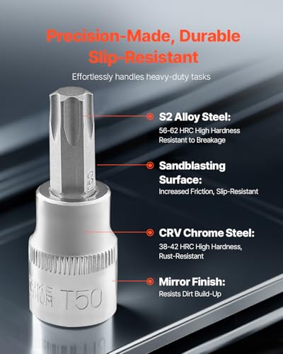 VEVOR Torx Bit Socket and External Torx Socket Set, 60-Piece T6-T70, TT6-TT70, TP8-TP60, E4-E24, S2 Alloy Steel and Cr-V Steel, 1/4 in, 3/8 in, and 1/2 in Drives, with Enhanced Storage Case, Hand Use - size: 60 PCS