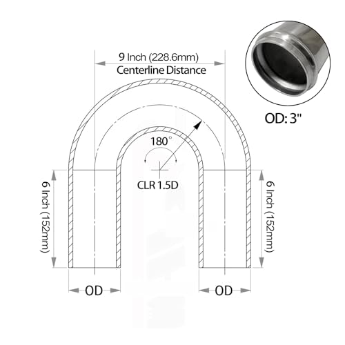 OD 3" (76mm) 180 Degree Aluminum Elbow Intercooler Pipe Tube, 6" Leg Length Universal U-Shape Bend Intake Tubing Adapter Turbo Connector - size: 3" (76mm)