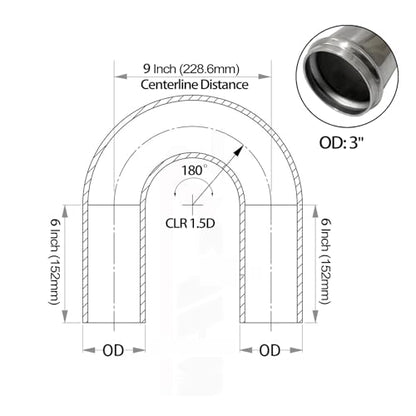 OD 3" (76mm) 180 Degree Aluminum Elbow Intercooler Pipe Tube, 6" Leg Length Universal U-Shape Bend Intake Tubing Adapter Turbo Connector - size: 3" (76mm)
