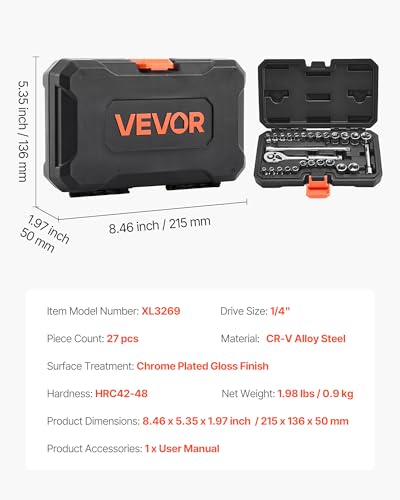 VEVOR Socket Set, 27 Pieces, 1/4 inch Drive Socket and Ratchet Set, SAE and Metric, Mechanic Tool Kit with Ratchet Wrench, Extension Bar and Storage Case, CR-V Alloy Steel, for Automotive Repair - size: 27-PCS