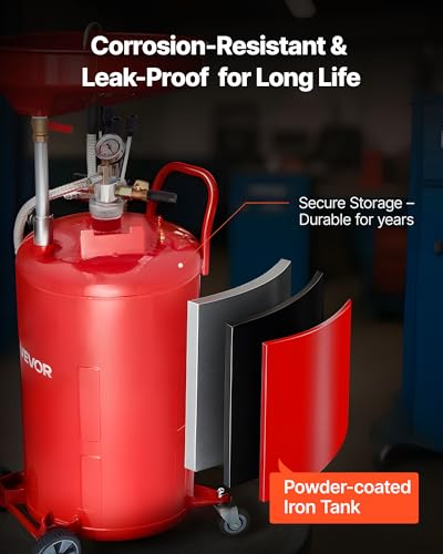 VEVOR 21 Gallon Waste Oil Drain Tank, Air Operated Portable Oil Drainer with Adjustable Funnel Height, Industrial Fluid Drain Tank with Wheels, Fluid Fuel Transfer Drainage for Auto Repair Shops, Red - size: 20.1 x 20.1 x 66.1 in